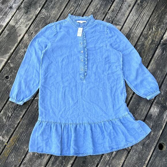 LOFT NWT Chambray Ruffle Flounce Swing Dress Blue Size Large $90 Retail - Picture 2 of 8